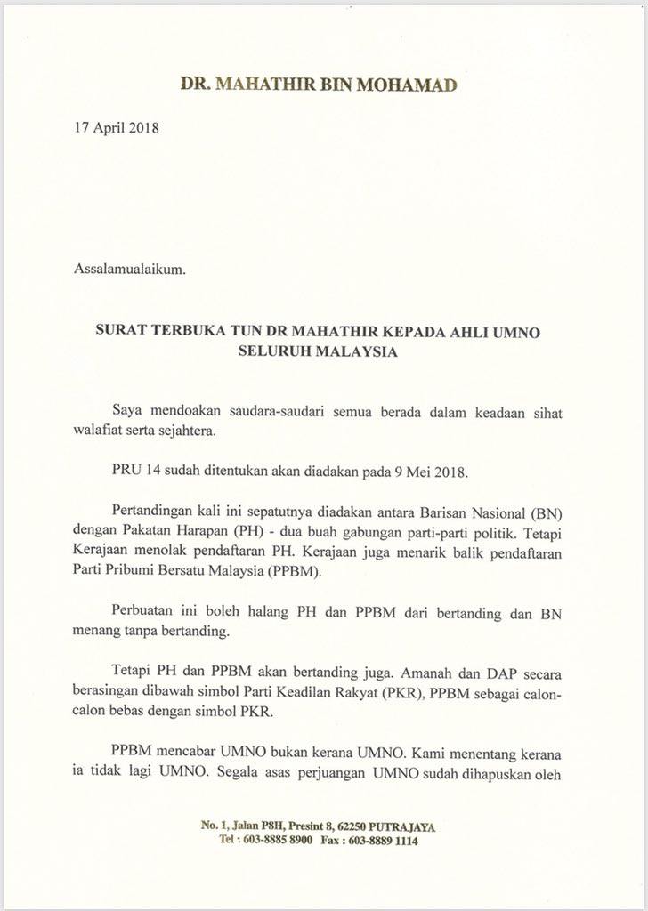 Surat terbuka Tun Dr Mahathir buat ahli UMNO seluruh 